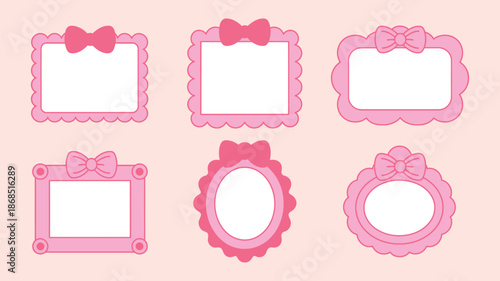 Pink photo frames with bows for girls, baby, and kids’ room decor, nursery decoration, playful design, and cute wall art illustration.