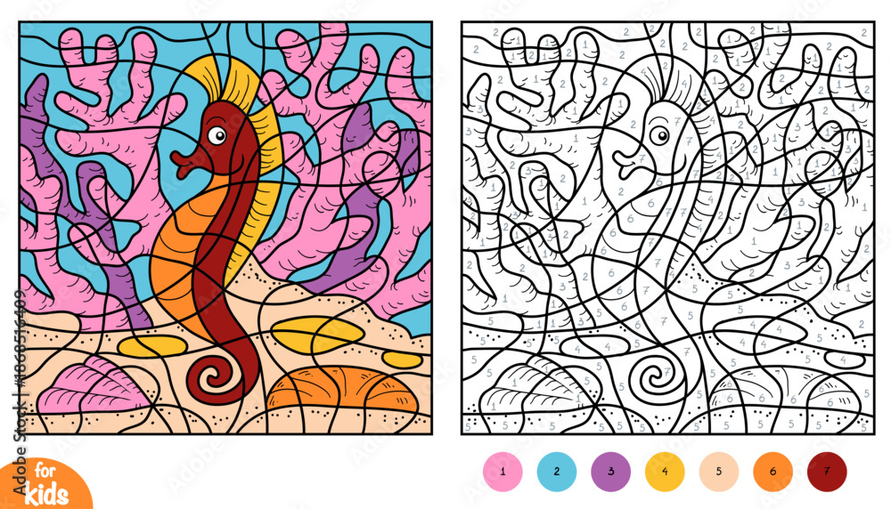 Fototapeta premium Color by number page with cute sea horse on ocean landscape. Natural seabed background with corals. Educational activity game for preschool and kindergarten children to learn colors