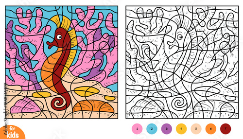 Color by number page with cute sea horse on ocean landscape. Natural seabed background with corals. Educational activity game for preschool and kindergarten children to learn colors