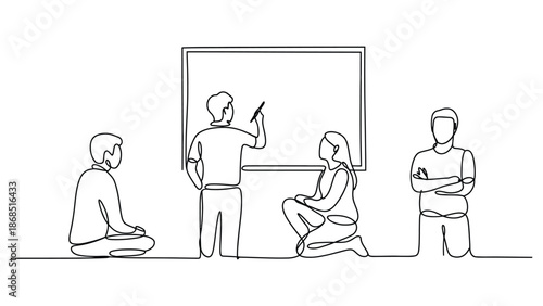 continuous line illustration of team working together on presentation board showing collaboration, planning, teamwork and business strategy concept