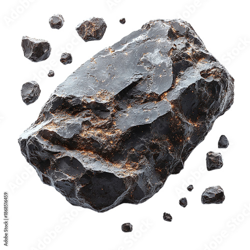 Large metallic ore rock with copper sparks on black background