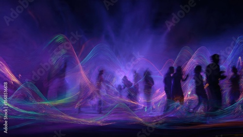 Vibrant Abstract Nightlife Scene with Colorful Light Trails and Silhouetted Figures in Energetic Motion