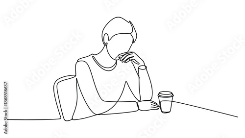 continuous line illustration of thoughtful woman sitting at table with glass showing contemplation, loneliness, mental health and quiet reflection concept
