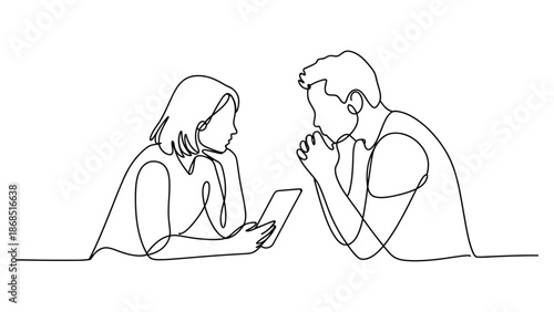 continuous line illustration of couple having serious conversation showing communication, relationship discussion, emotional talk and problem solving concept