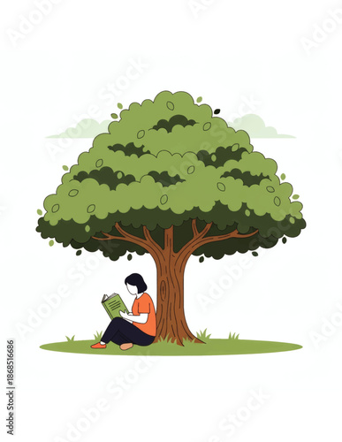 A person reading a book under the shade of a large, lush green tree on a grassy field, symbolizing learning and relaxation