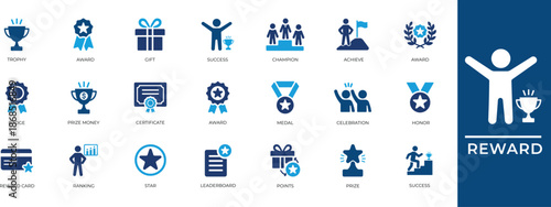 Reward solid icon set for gamification, loyalty programs, and achievement tracking. achievement icons include trophy, medal, winner, star, prize, and bonus vectors. Professional ui elements.