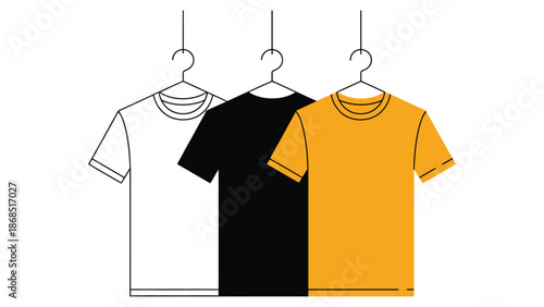 three hanging t shirt mockup illustration showing white black and yellow blank apparel for fashion branding, clothing design and retail presentation