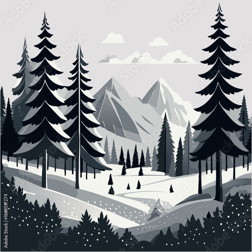 Paysage d'Hiver montagneux avec Forêt de Sapins, Motif de Noël, Neige, Féérie, Poésie Forêt en Hiver, Vecteur Couleur Gris