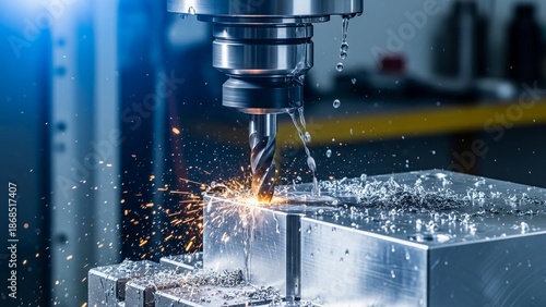 Close-Up CNC Milling Machine Drilling Metal Block with Flying Sparks and Liquid Coolant Spray in Modern Factory Industry Concept