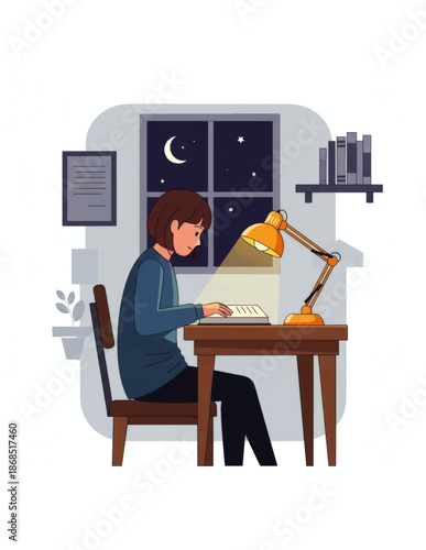 Dedicated student or remote worker focused on tasks at a cozy desk late into the night, illuminated by a warm lamp in a peaceful room setting