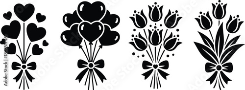 Cartoon bouquet silhouette icon set with hearts, tulips, balloons, and ribbons for romantic, floral, and celebration themes.
