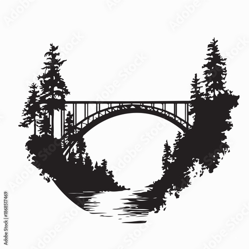 Majestic arch bridge spanning a winding river through forested hills silhouette