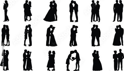 Cartoon couple silhouette icon set with romantic poses, diverse attire, and affectionate gestures for love, wedding, and lifestyle themes.