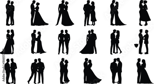Cartoon couple silhouette icon set with romantic poses, formal attire, and affectionate gestures for love and wedding themes.