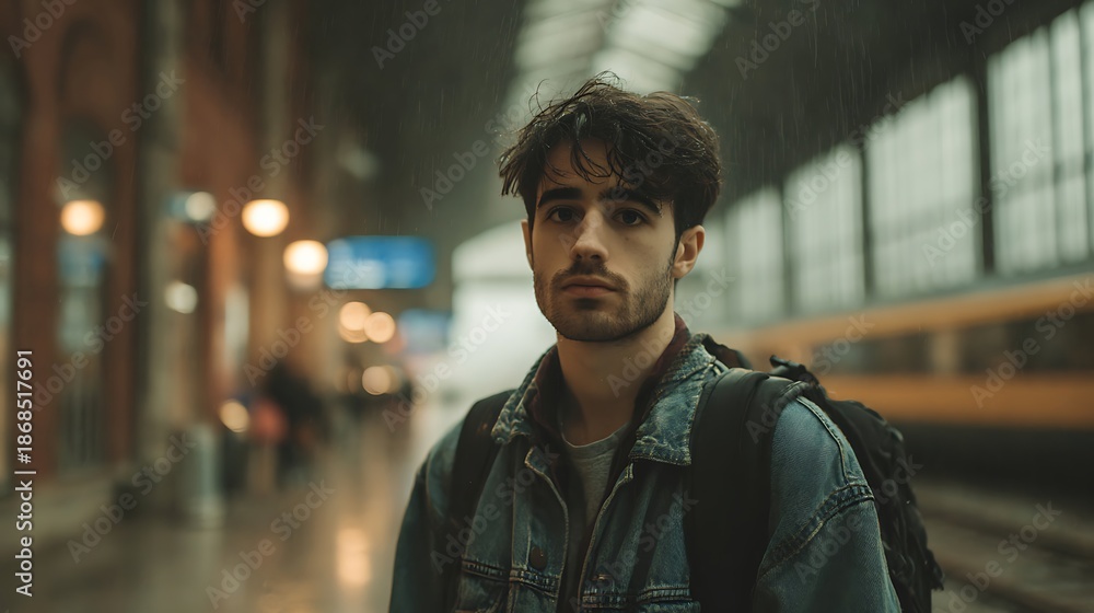 Fototapeta premium Young man with backpack waits on wet train platform during rainfall