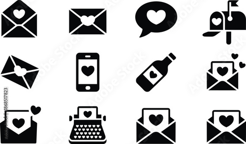 Cartoon love communication icon set with envelopes, hearts, mailbox, phone, and typewriter for romantic and messaging themes.