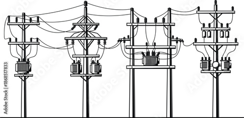 High voltage electrical power lines with transformers and utility poles on white background, industrial grid infrastructure, cad drawing flat vector illustration,