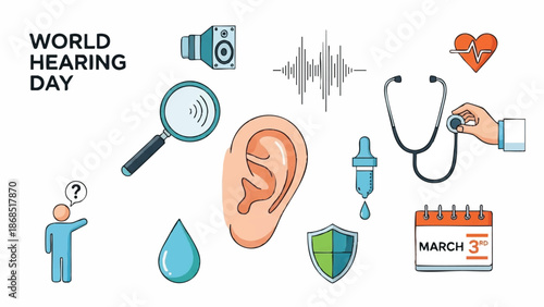 World Hearing Day Icons and Symbols for Awareness and Health.