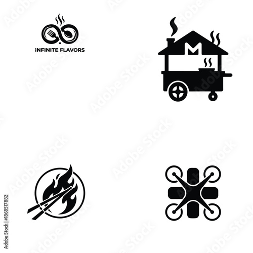Food Truck Cooking Flame and Spice Symbols Vector Illustration Set for Branding and Restaurant Design