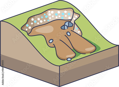 Isometric diagram of a ground ice slump showing melting permafrost, a headwall, and mudflow on a slope. It illustrates geological instability and climate change impacts on frozen terrain.