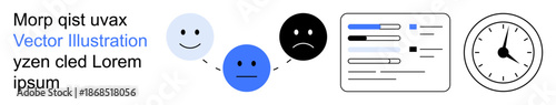 Emotional states, mood tracking, time management, workflow planning, productivity, scheduling. Happy, neutral and sad faces linked with a timeline and a clock. Emotional states and time management