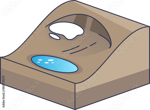 Diagram of a nivation hollow featuring a snow patch in a hillside depression and a meltwater pool, illustrating periglacial erosion and freeze-thaw weathering processes.