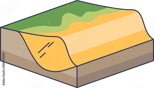Isometric diagram of a loess deposit showing wind-blown silt layers over bedrock. It represents geological stratification and fertile soil formation for earth science and environmental studies.