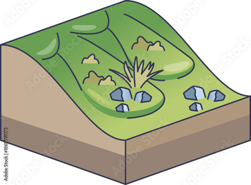 Diagram showing solifluction lobes: tongue-shaped soil masses moving downslope. Features grass, rocks, and soil layers, illustrating periglacial mass wasting and permafrost creep.
