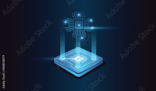 Glowing Blue Microchip Elevated on Futuristic Pedestal with Light Beams.