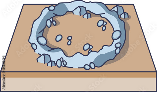 A stylized illustration of a stone circle on a layered earth base, representing ancient ritual sites and archaeological monuments. It features blue-grey stones in a circular formation.