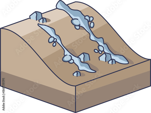 Illustration of stone stripes on a periglacial slope, showing sorted rock fragments in parallel lines. It represents geological frost heave and soil movement in cold climates.