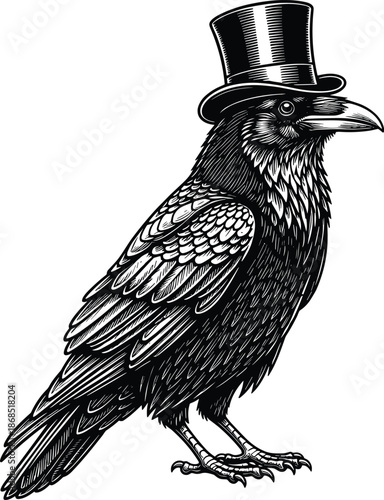 Highly detailed vintage black and white engraving style illustration of a smart, sophisticated raven or crow wearing a classic gentleman's formal top hat, isolated vector