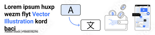 Financial technology, cryptocurrency, mobile payments, international transactions, language translation, app interface. A digital wallet with icons linked to a language and payment app. Financial