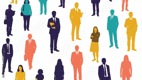 Diverse group of colorful business people silhouettes standing together.