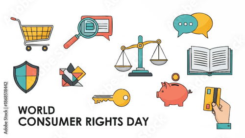 World Consumer Rights Day Icons Representing Commerce and Justice.
