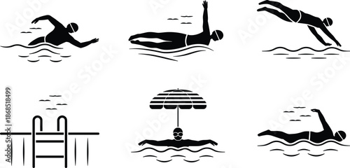 Cartoon swimming and pool activity icon set with freestyle, backstroke, diving, ladder, and umbrella for summer and sport themes.