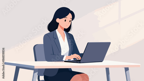 A woman is sitting at a desk with a laptop in front of her. She is wearing a suit and she is working