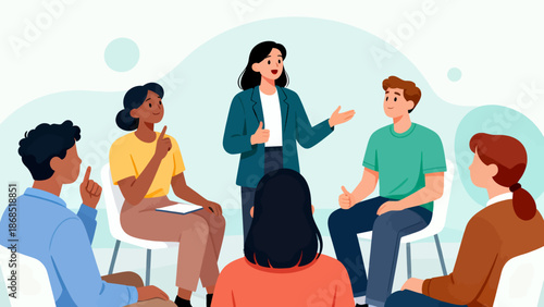 A group of people are sitting around a table with a woman giving a presentation. Scene is informative and collaborative