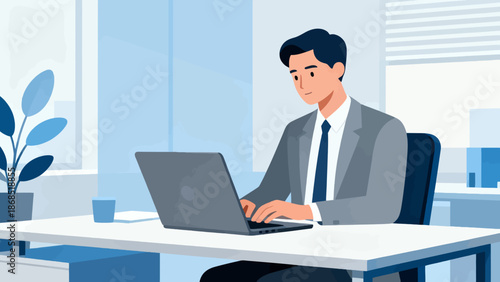 A man is sitting at a desk with a laptop in front of him. He is wearing a suit and tie and he is working. Concept of professionalism and focus