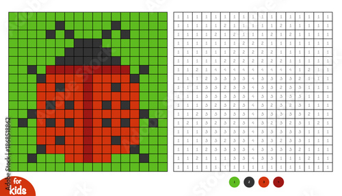 Cute ladybug pixel color by number page for kids. Educational activity for preschool and kindergarten children to learn numbers and colors. Simple square grid design with single character.