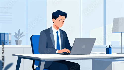 A man is sitting at a desk with a laptop in front of him. He is wearing a suit and tie and he is working. Concept of professionalism and focus
