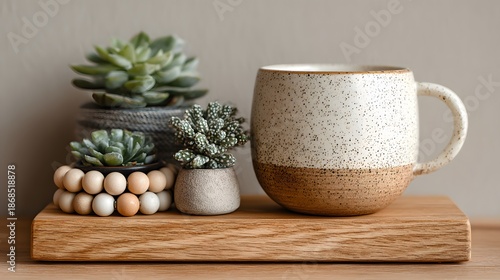 Minimalist wooden shelf display features white ceramic cup with beaded bracelets and small plants in calming Scandi home decor style.