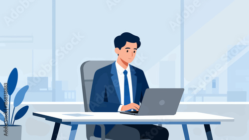 A man in a suit is sitting at a desk with a laptop. He is focused on his work and he is in a professional setting