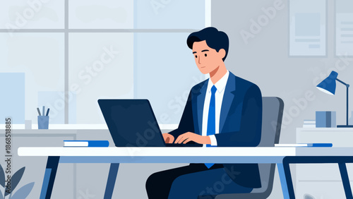 A man in a suit is sitting at a desk with a laptop in front of him. He is focused on his work, possibly typing or browsing the internet. Concept of professionalism and productivity
