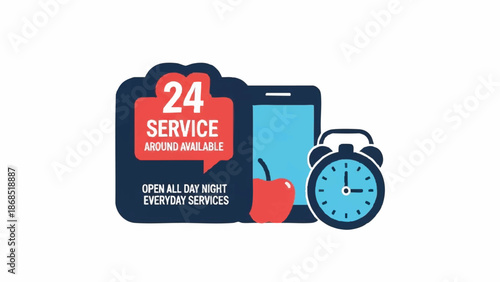 24 Hour Service Business Icon with Clock and Phone.