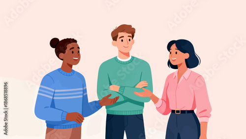 Three people are standing together and smiling. The man is wearing a green sweater and the woman is wearing a pink shirt. The woman is touching the man's arm