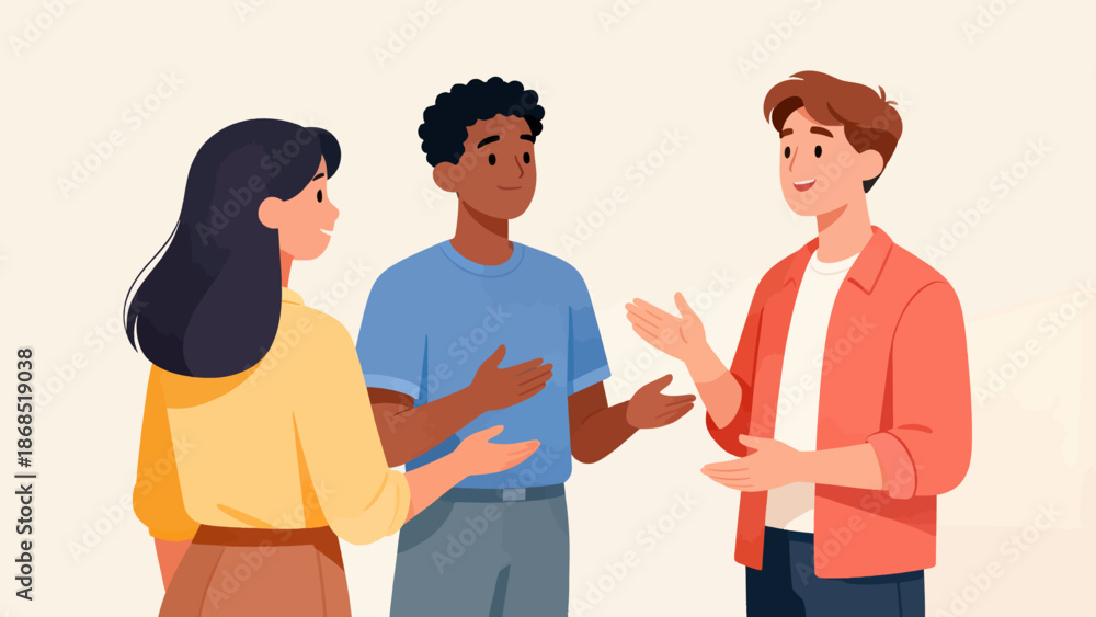Fototapeta premium Three people are standing together and talking. One of them is wearing a blue shirt. Scene is friendly and social