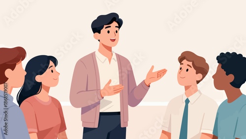 A group of people are sitting around a table with a man in the middle. The man is talking to the group and they are all smiling. Scene is friendly and positive