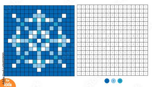 Snowflake winter pixel color by number page for kids. Educational activity for preschool and kindergarten children to learn numbers and colors. Square grid design
