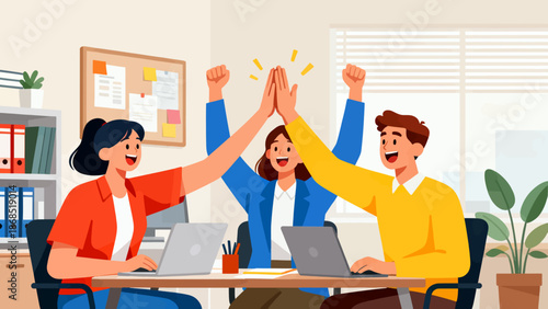 A group of people are high fiveing each other in a room with a potted plant. Scene is positive and celebratory